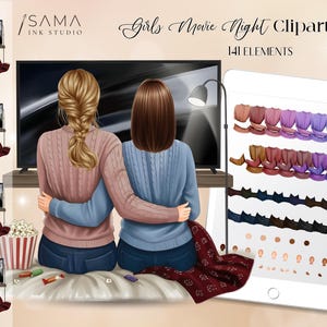 May include: Digital clipart titled "Girls Movie Night Clipart" featuring illustrations of two figures watching TV, popcorn, and a tablet with design elements. The main image shows two figures with arms around each other.