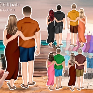 Clipart digital casal verão de braços dados | Fotos românticas de verão | Projetos DIY | Arquivo PNG de alta resolução | Melhores amigos clipart