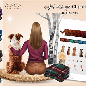 以下が含まれることがあります： さまざまな犬種を持つ女の子のイラストをフィーチャーしたデジタルクリップアートセット。アートワークには、長い髪の女の子、犬、毛布、ろうそく、追加の要素を含むタブレットが含まれています。「Girl with dog Clipart」というテキストが表示されます。