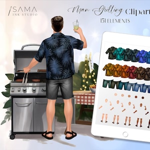 May include: Digital illustration titled "Man Grilling Clipart" featuring a person grilling. The person wears a blue floral shirt and gray shorts. A tablet displays various shirt and shorts color options. Additional elements include grilling tools and a beverage.