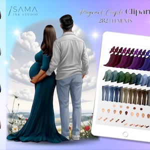 Puede incluir: Arte digital titulado "Pregnant Couple Clipart" de Sama Ink Studio. La imagen presenta una pareja embarazada y una tableta que muestra varias opciones de ropa. La mujer lleva un vestido verde azulado, y el hombre lleva una camisa blanca y pantalones azules. Se muestran elementos de clipart adicionales.