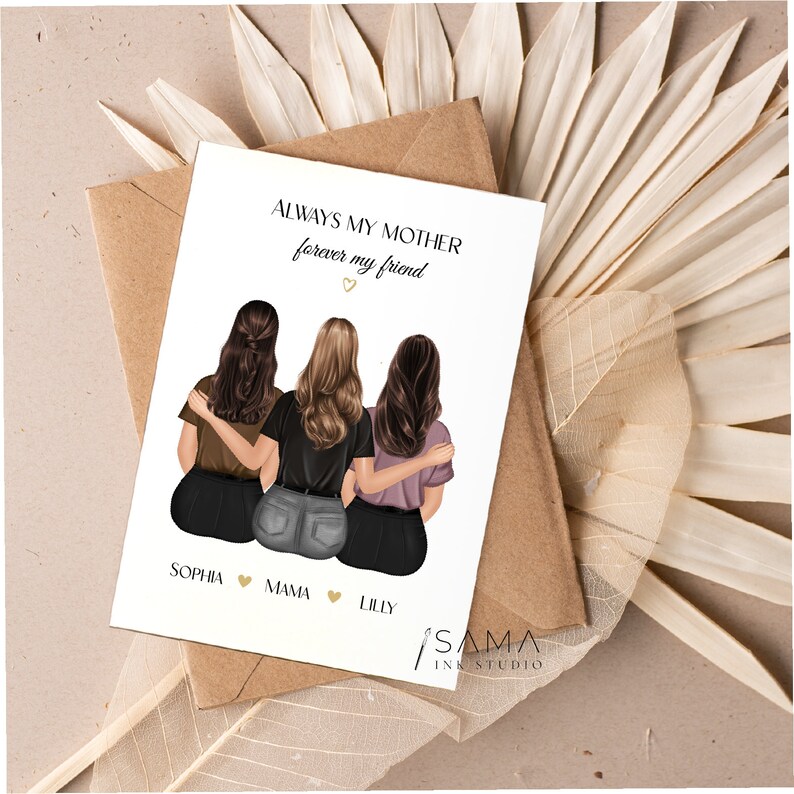 May include: A white card with the text "Always my mother forever my friend" and a gold heart. Three women with brown hair are pictured, with the names "Sophia", "Mama", and "Lilly" written below them. The card has a gold heart next to each name.