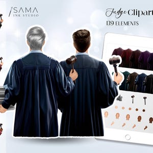 Könnte beinhalten: Digitaler Clipart-Satz mit 139 Richter-Elementen. Der Satz enthält Illustrationen von Richtern in verschiedenen Posen, einem Hammer und anderen Gegenständen aus dem Gerichtssaal. Der Clipart ist perfekt zum Erstellen von digitalen Designs, Einladungen und anderen Projekten.
