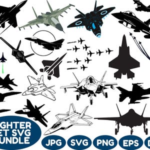 May include: A selection of fighter jet illustrations, including silhouettes and detailed drawings. The image showcases diverse aircraft designs, with a blue oval banner reading "Fighter Jet SVG Bundle". File formats include JPG, SVG, PNG, EPS, and DXF.
