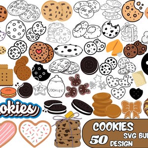 Puede incluir: Una colección de 50 diseños SVG con temática de galletas, que incluyen varias formas, patrones y texturas. Los diseños presentan una variedad de galletas, incluidas galletas en forma de corazón, redondas y en espiral. Los diseños son perfectos para crear cortadores de galletas personalizados, plantillas u otras manualidades.