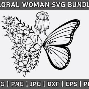 花柄の女性 SVG、女の子の蝶の妖精 SVG、蝶の花 SVG、花柄の蝶 SVG、女性の花と蝶の羽 SVG、Cricut、Eps、Dxf