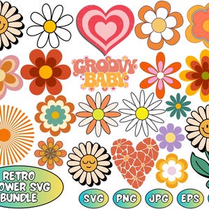 Retro Flowers Svg, Flower Clipart, Daisy Flower Cut File,Boho Flower Svg,Flower Svg Bundle,Floral Png, Svg Files For Cricut,Instant Download
