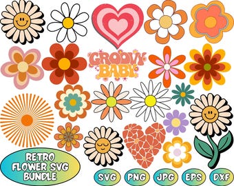 Retro Flower SVG Bundle: Daisy Clipart, Boho Floral PNG (Instant Download)