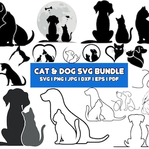 Cat and dog silhouette svg, Cat and dog silhouette, Cat and dog clipart, Friendship animal, Pet lovers svg