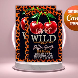 Cheetah Print Lets Get Wild Birthday Dinner & Drinks Invitation Template, Animated Red Cherry Girls Night Invite, Glam Party Invite Leopard