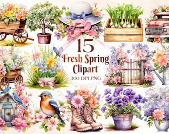 Aquarell Frühling Clipart: Boho Cottagecore PNG Sammlung (digitaler Download)