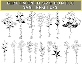 Birth Month Svg Bundle, Flower Svg, Birth Flower Svg, Tattoo, Botanical svg, Rose svg, Daisy svg, Poppy svg, Birthday svg, Mothers Day Svg