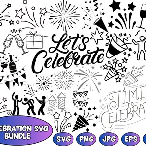 May include: Black and white celebration-themed SVG bundle with various festive elements. Includes fireworks, champagne glasses, party hats, confetti, and the phrases "Let's Celebrate" and "Time to Celebrate". The bundle also includes file type icons.