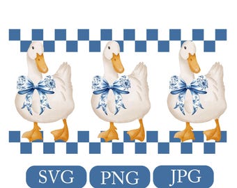 May include: Three white ducks with orange beaks and feet, each adorned with a blue floral bow. A blue and white checkered pattern borders the top, with the text "SVG", "PNG", and "JPG" at the bottom.