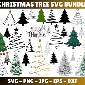 May include: A selection of Christmas tree designs in diverse styles, such as silhouettes, line art, and decorated trees. The image features the text "CHRISTMAS TREE SVG BUNDLE" and file type options: SVG, PNG, JPG, EPS, and DXF.