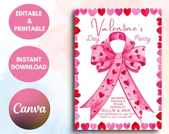 May include: Pink Valentine's Day party invitation with a watercolor bow and hearts. The text reads "Valentine's Day Party" and includes details about the event, such as the date, time, host, and RSVP information.