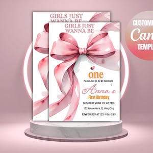 Pink Bow Birthday Invitation Soft Pastel Pink Ribbon Elegant Coquette Girl 1st Birthday Party Invite Girls Just Wanna Be ONE EDITABLE