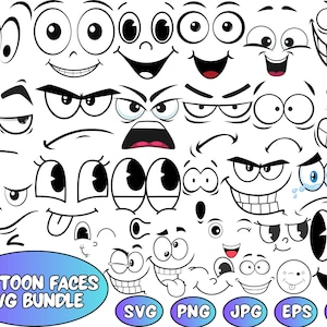 Zestaw SVG z emocjami z kreskówek | Zestaw SVG z uśmiechniętą twarzą | Słodka zabawna twarz SVG | Kawaii Face SVG | Clipart z kreskówkową twarzą | Twarz komiksowa
