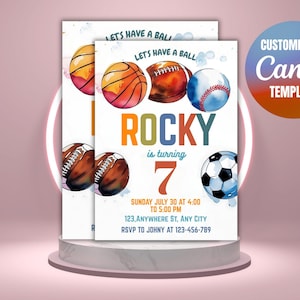 Lets Have a Ball Sports Party Invitation EDITABLE Birthday Invite Baseball Football Soccer Basketball Watercolor