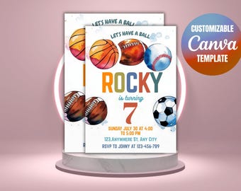 Lets Have a Ball Sports Party Invitation EDITABLE Birthday Invite Baseball Football Soccer Basketball Watercolor