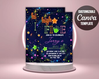Neon Glow High Five 5th Birthday Invitation: Editable Template (5x7 Inches, Digital Download)