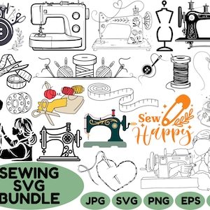 Puede incluir: Una colección de ilustraciones con temática de costura en blanco y negro, con toques de color turquesa y naranja. La imagen incluye máquinas de coser, carretes de hilo, tijeras, cinta métrica y el texto "Sew Happy" y "Sewing SVG Bundle".