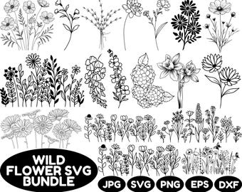 Paquete SVG de flores silvestres: ramo floral, boceto botánico (archivos digitales)