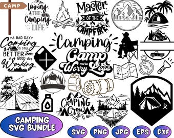 Camping SVG Bundle: Hiking, Campfire, Tent Designs (Digital Files)
