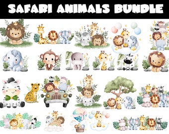 サファリ動物の水彩画クリップアート \ サファリ動物 svg \ サファリ動物 png \ ベビーシャワー svg \ かわいい動物 png \ サファリ動物のアウトライン svg