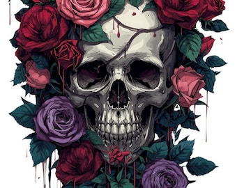 Floral Skull Sublimation Design | Halloween Skull | Gothic Roses Art (PNG, JPG) | 300 DPI