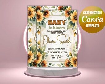 Zestaw zaproszeń na baby shower w stylu rustykalnym z motywem słonecznika: edytowalny szablon (5 x 7 cali, plik PDF do pobrania)