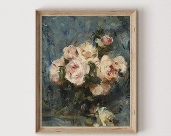 Blozende rozen schilderij | Vintage bloemenkunstprint (digitale download)