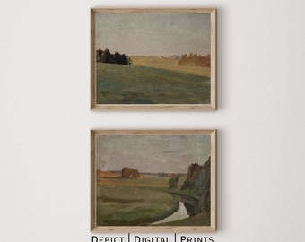 Set of 2 Abstract Landscape Paintings, Muted Green Country Painting Fine Art Prints, Vintage Art Duo | DIGITAL DOWNLOAD | O |