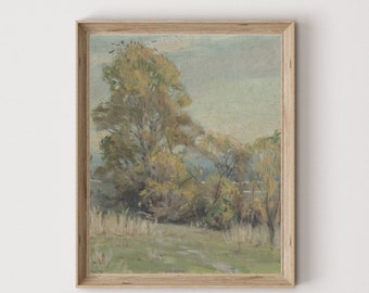 Pastel Green Tree Landscape Print, Vintage Farmhouse Wall Art (Digital Download)