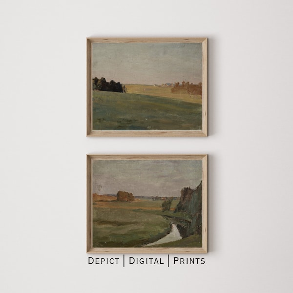 Set of 2 Abstract Landscape Paintings, Muted Green Country Painting Fine Art Prints, Vintage Art Duo | DIGITAL DOWNLOAD | O |