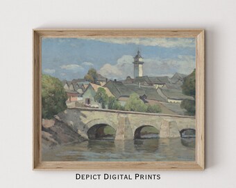 Vintage Bridge Cityscape Painting, Tonal Wall Art (Digital Download)
