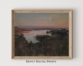 Moody Coastal Painting, Sunset Bay Waterscape Art (Digital Download)