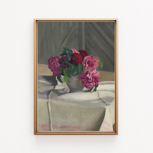 Still Life Pink Flower Painting, Vintage Flower Wall Art Print| Digital Download | A Vintage Art Print