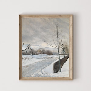 Impression artistique paysage urbain hivernal, impression murale cottage enneigé | Téléchargement numérique | vintage Impression artistique