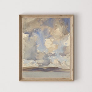 May include: A framed watercolor painting of a cloudy sky with a hint of blue peeking through the clouds. The sky is painted in shades of gray, white, and blue. The bottom of the painting shows a dark gray line representing a distant horizon.