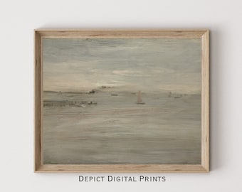 Muted Sailboat Painting, Neutral Abstract Seascape Art (Digital Download)