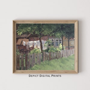 Laundry Room Art Painting Landscape Back Fence  Clothes line  Laundry Art Print Wall Decor  Digital Download  Vintage Art Print | 152 |