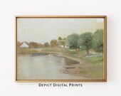 Vintage Countryside Pond Painting, Neutral Landscape Art (Digital Download)