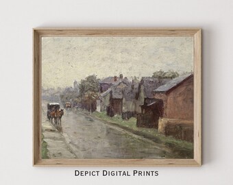 Rustic Farmhouse Road Painting, Vintage Countryside Houses Art (Digital Download)