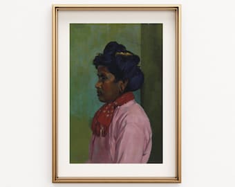 Vintage Portrait of a Woman in Pink with a Red Scarf | Digital Download | Vintage Digital Art Print