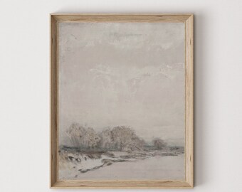 Vintage Neutral Landscape Print, Muted Gray River (Digital Download)