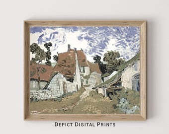 Vintage French Countryside Oil Painting, Rustic Farmhouse Cottage (Digital Download)