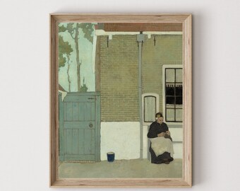 Vintage Dutch Street Scene Print, Tonal Green Wall Art (Digital Download)