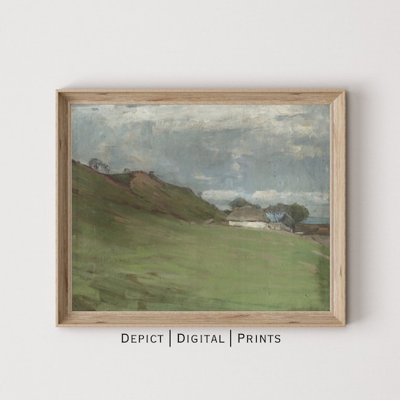 Vintage Green Field Landscape Painting, Rustic Farmhouse Art (Digital Download)247