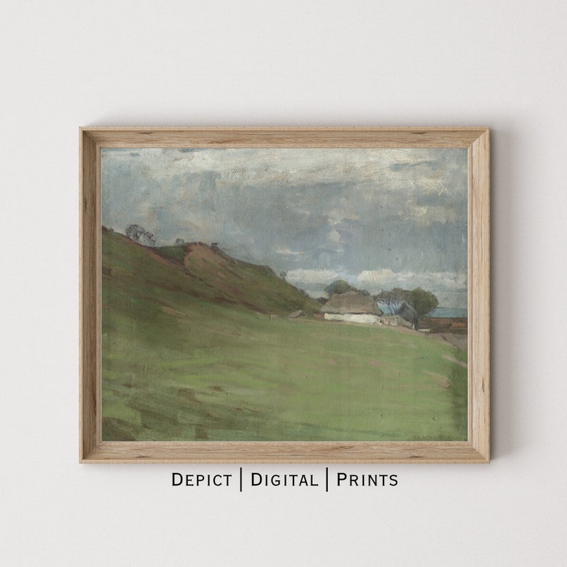 Puede incluir: Una pintura de un paisaje rural con una peque&ntilde;a casa blanca en una colina cubierta de hierba. El cielo est&aacute; nublado y los colores son apagados.